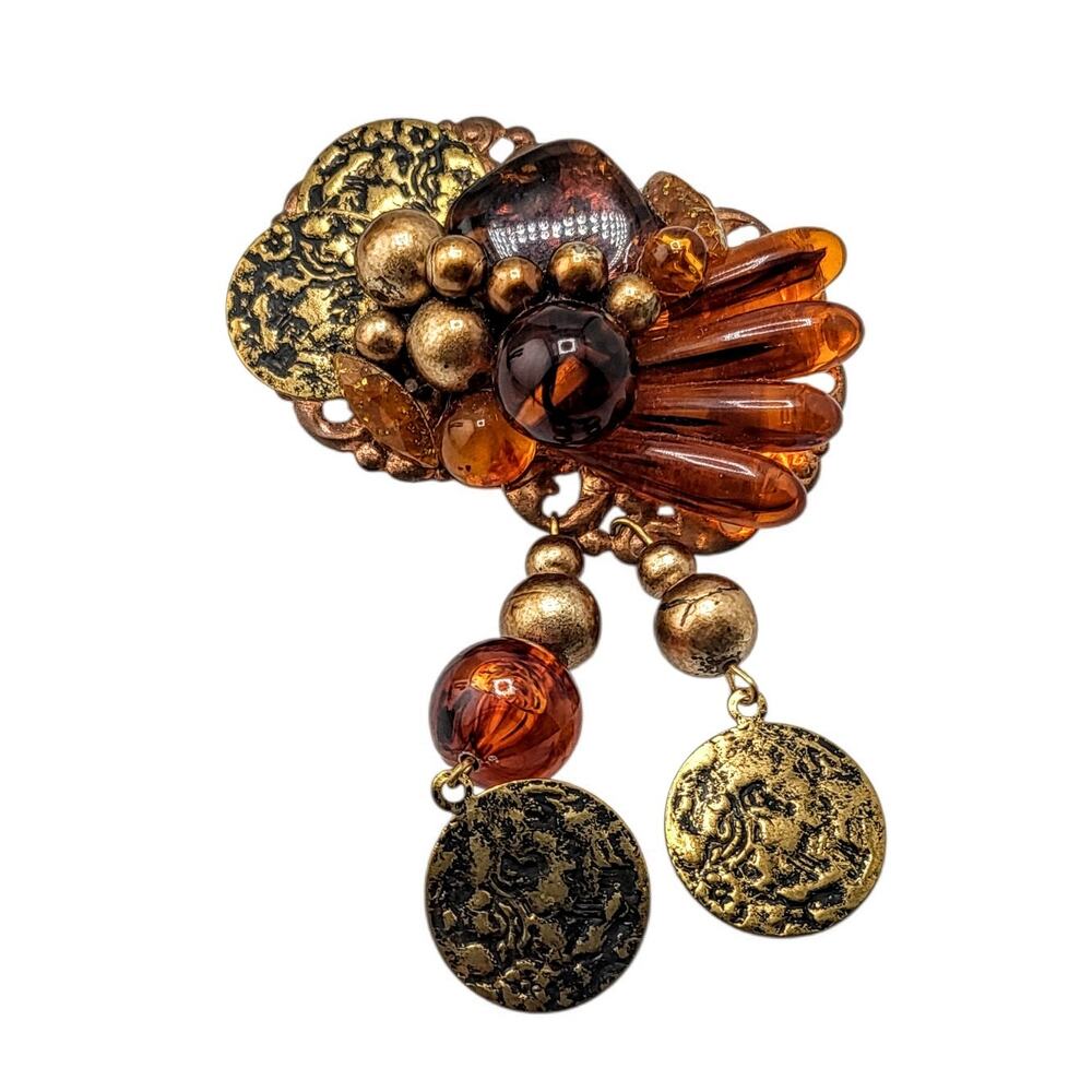 Vintage Amber Lucite Statement Brooch Pin Coin Dangle 1970s